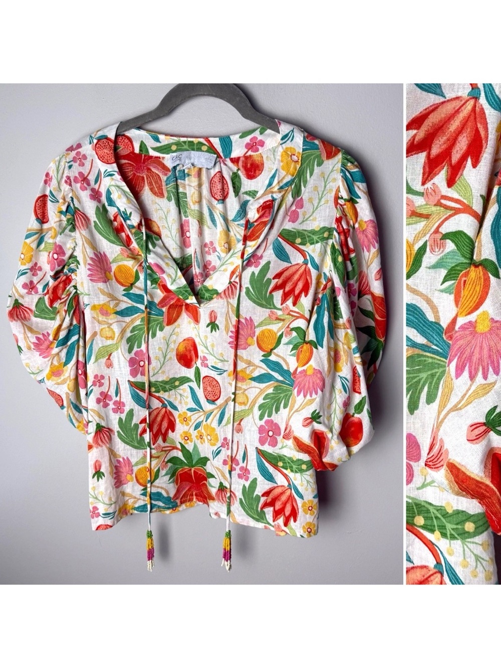 C&C California Blouse Size Small Top Linen Blend Floral Colorful Beaded Tassels